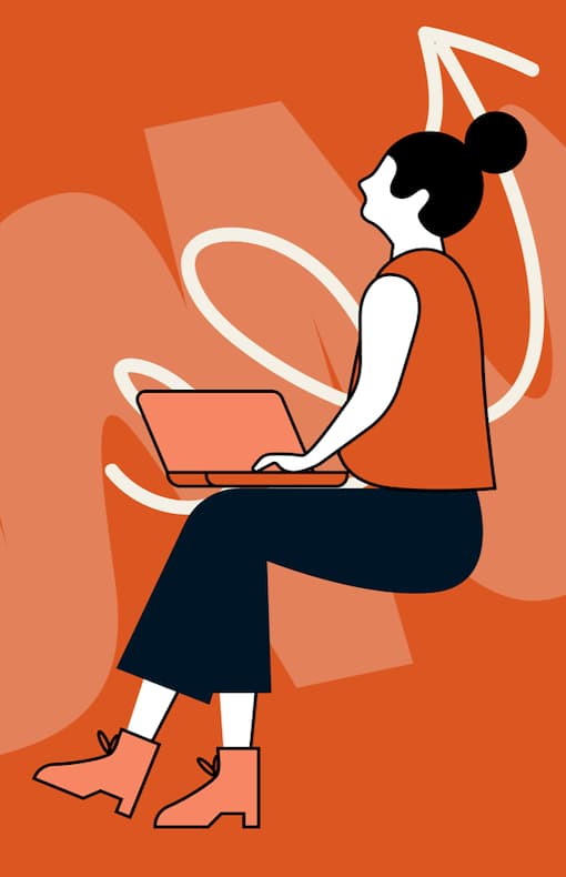 Orange-themed design of a person sitting with a laptop