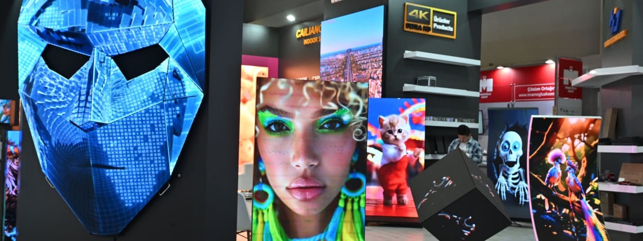 A showcase of LED digital displays with animated faces and bright colors at Sign Istanbul
