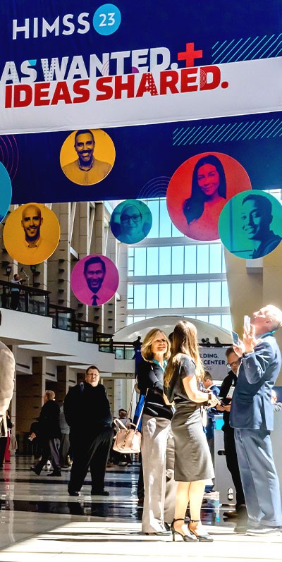 Banners hung in the lobby of McCormick Place for HIMSS23