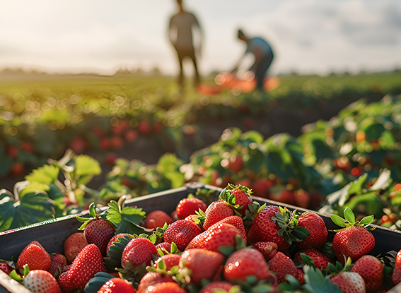 Crate full of freshly picked red strawberries standing at farm field, farmers picking berries on background